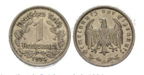 Одна рейхсмарка 1934 года с надписью: Общественная польза идёт перед личной (Gemeinnutz geht vor Eigennutz).