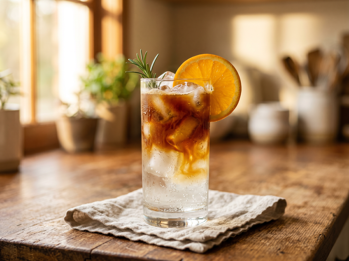 Aesthetic editorial food photograph, top-three-quarter angle: tall clear glass with orange espresso tonic — large ice cubes, fresh orange slice on rim, deep amber espresso pour cascading through tonic creating layered effect, a sprig of rosemary on ice, condensation droplets on glass exterior. On a textured warm wooden kitchen counter with raw linen napkin. Soft golden morning sunlight from a side window, gentle contre-jour creating bokeh of natural light. Warm cream-orange-amber palette, magazine-quality food photography, shallow depth of field f/2.8, no people, no text, no logos.
