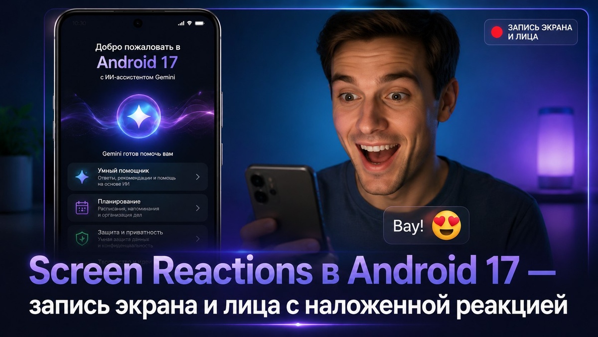 Screen Reactions в Android 17 запись экрана и лица с наложенной реакцией