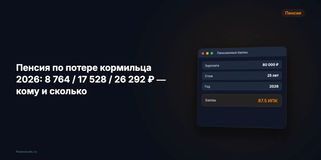 Пенсия по потере кормильца 2026: 8 764 / 17 528 / 26 292 ₽ — кому и сколько