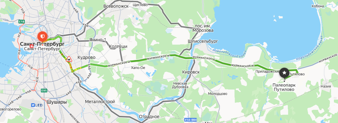 Примерно 60 км от КАД, 1-1,5 часа на машине (но только не в пятницу))