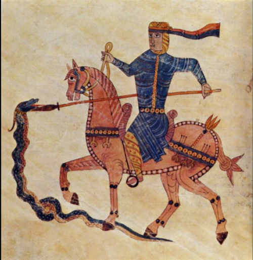 Арабский всадник поражает змея. Одна из миниатюр Жиронского беатуса. 