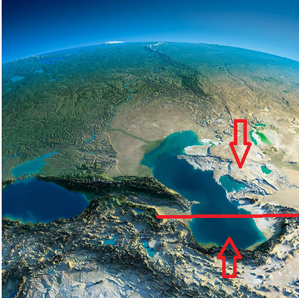 Спутниковый снимок Каспийского моря. Форма суши показывает, что Чёрное и Каспийское моря раньше были единым водоёмом, разграничивая Большой и малый Кавказ. Красной линией показан южный берег прежнего Каспия, уходившего на восток. Нижняя стрелка обозначает участок суши, ставший морем, верхняя, наоборот, - прежнее море, ставшее сушей.