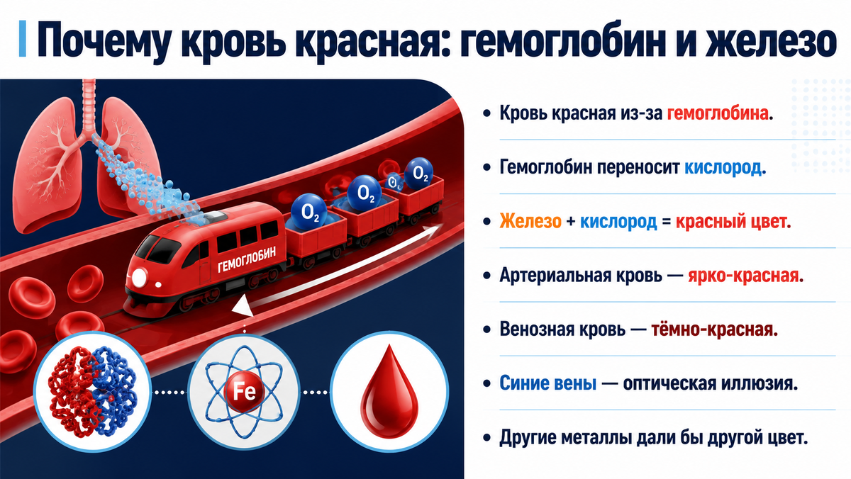 Почему кровь красная: гемоглобин и железо  📷
