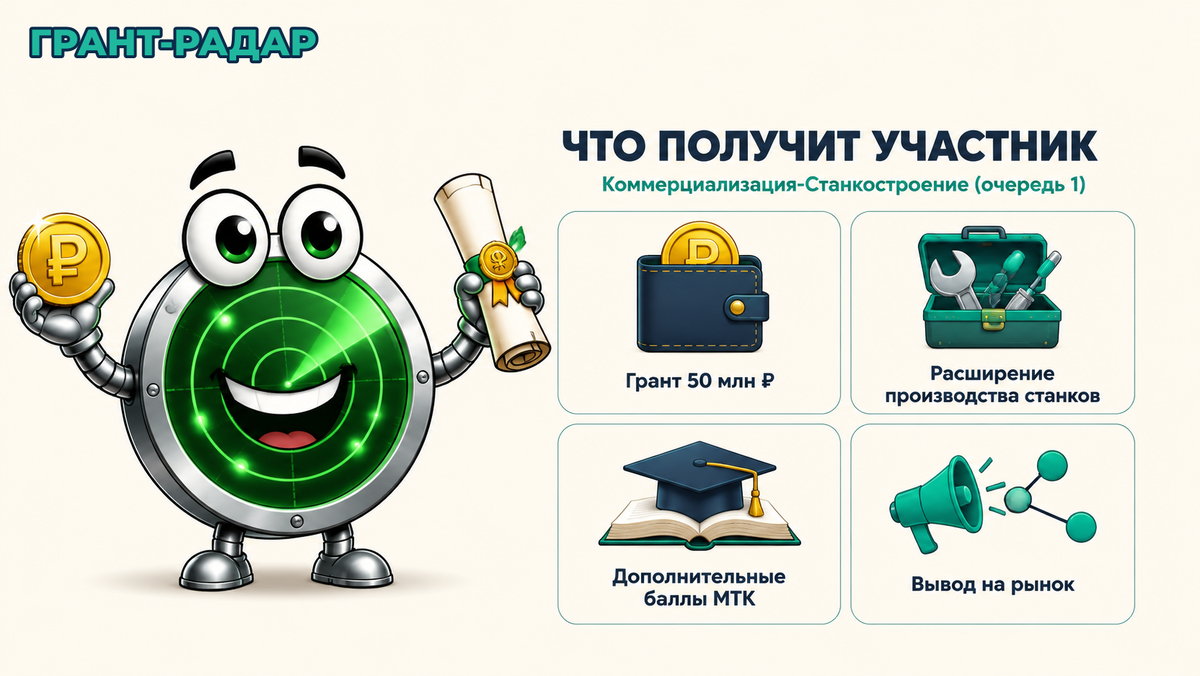 Коммерциализация-Станкостроение (очередь 1): что получает участник — Грант 50 млн ₽, Расширение производства станков, Дополнительные баллы МТК. Инфографика гранта. SEO-ДАННЫЕ (базовый фоллбэк