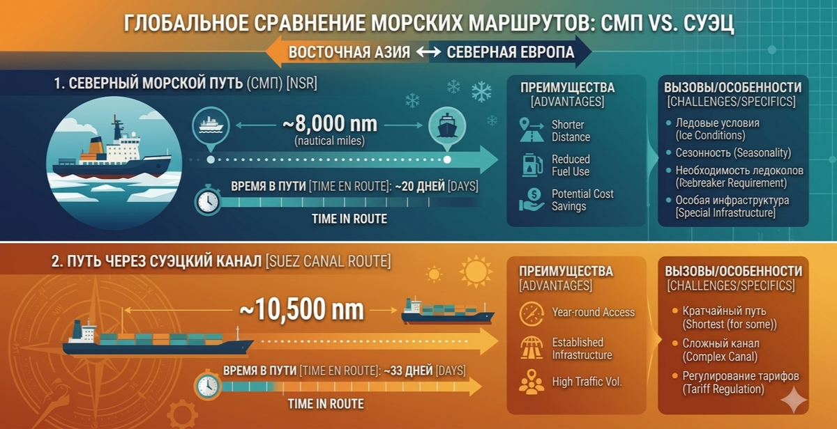 Инфографика, сравнивающая расстояние/время пути из Шанхая в Роттердам через Суэцкий канал и через СМП