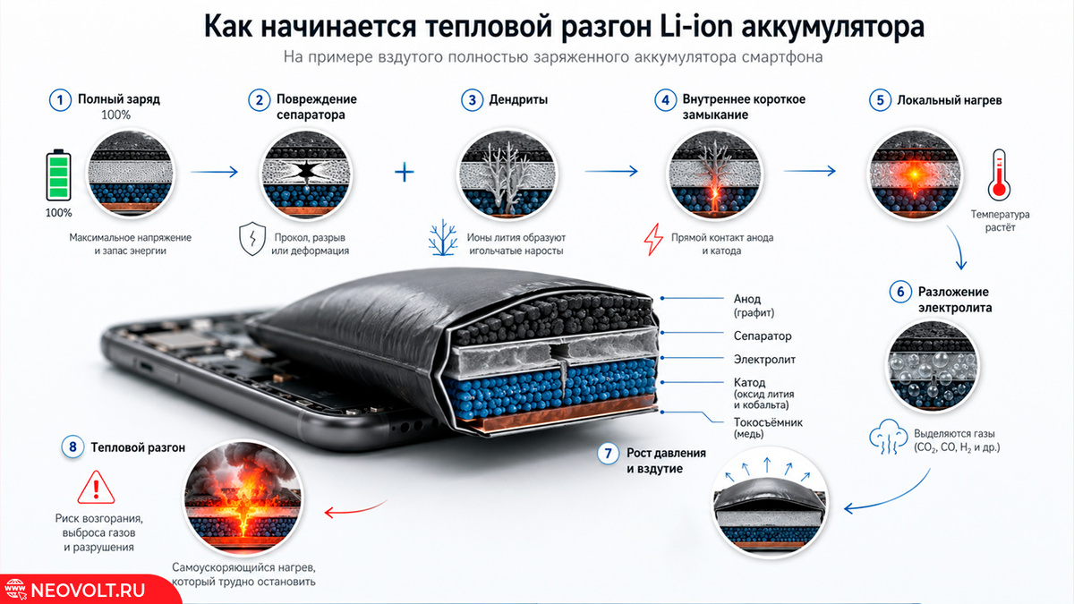 Схематичное изображение процесса теплового разгона батареи. Пример полностью заряженной ячейки с повреждённым сепаратором или замкнувшими электроды дендритами.