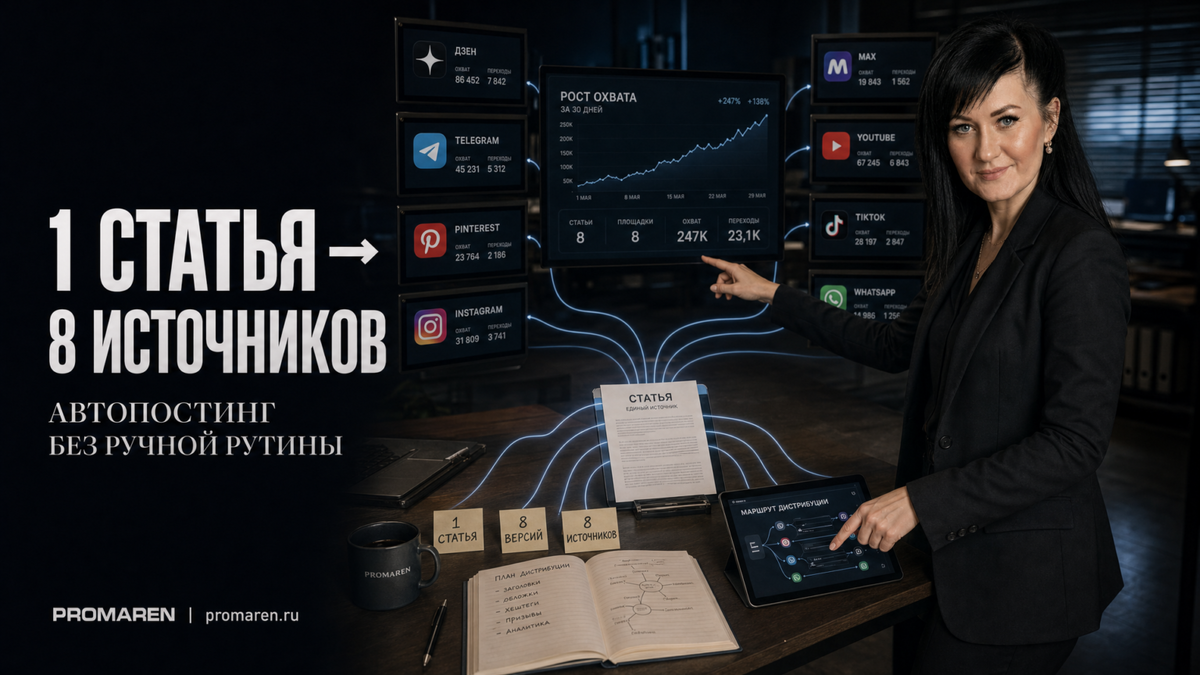    Автопостинг статей превращает один материал в 8 потоков трафика | Марина Погодина, PROMAREN Марина Погодина