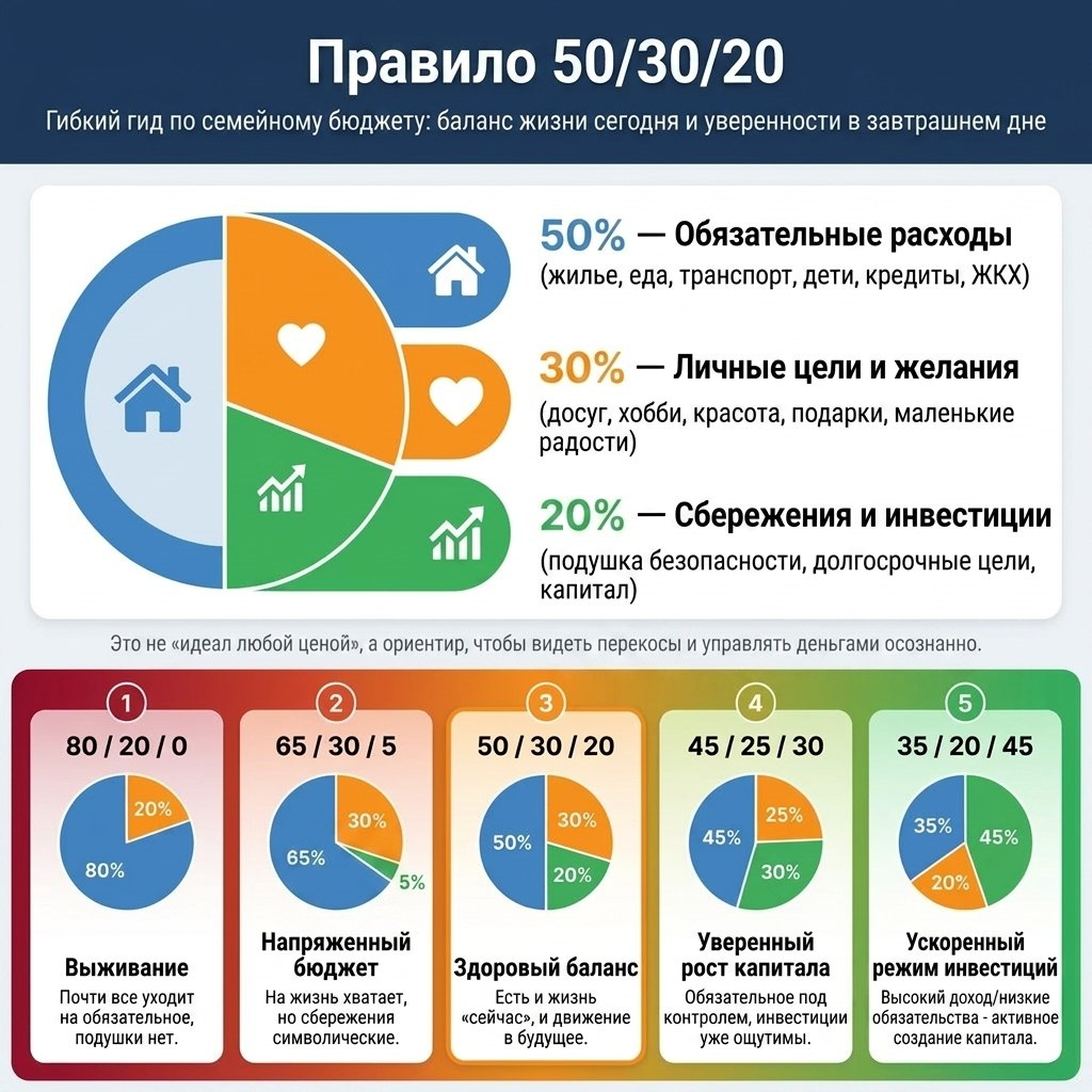 Моя первая картинка с инфографикой - сделала сама. Ура! Сразу уточню - в 30% - личные цели и желания - входят ВСЕ ОСТАЛЬНЫЕ РАСХОДЫ, что не вошли в обязательные. Это личные расходы, все виды отдыха, отпуск, кафе, развлечения, дни рождения, обучение, развитие, хобби, все покупки кроме обязательных и тп. На картинке краткий перевод, у многих читателей глаз цепляет "маленькие радости" - ну вот такой перевод, переделывать картинку не стала. Т.е. 50% жесткие обязательные расходы, 30% все остальные расходы и 20% в накопления - это ЗДОРОВЫЙ БАЛАНС  личного и семейного бюджета.