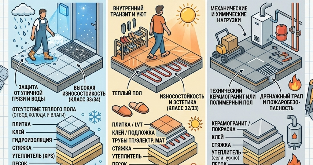 🧱 Тамбур, прихожая, котельная: где пол должен работать по-разному