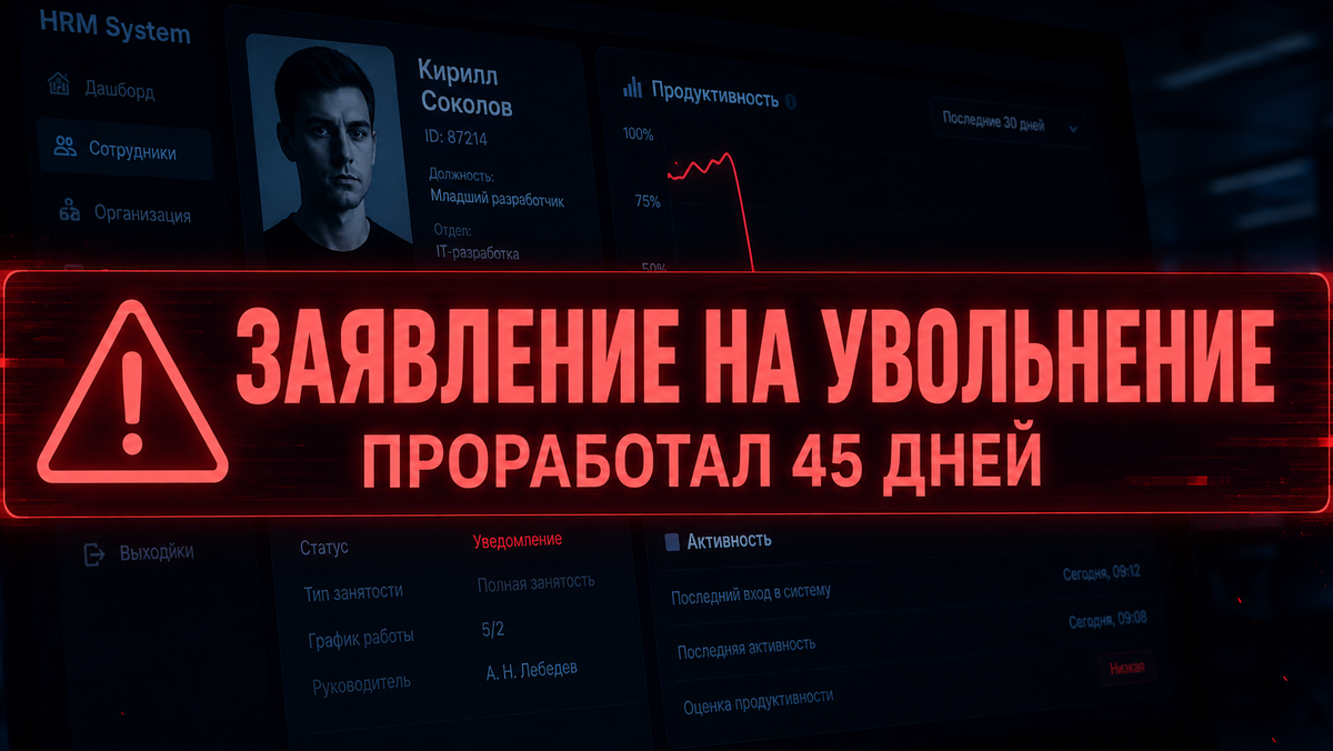 Интерфейс системы управления кадрами с уведомлением об увольнении новичка. Статья о том, как правильный онбординг сотрудников предотвращает текучку кадров.