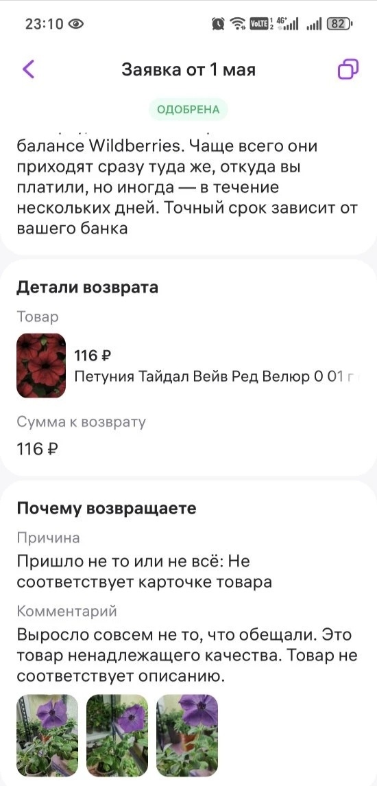 Скриншот заявки на возврат