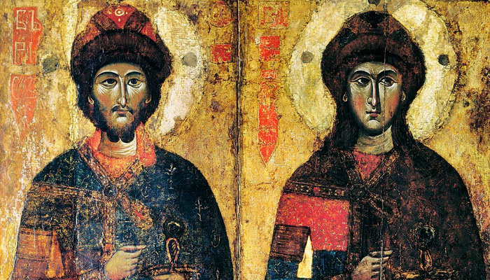 Святые Борис и Глеб (фрагмент иконы из Савво-Вишерского монастыря, XIII — начало XIV в.). Фото: wikimedia.org