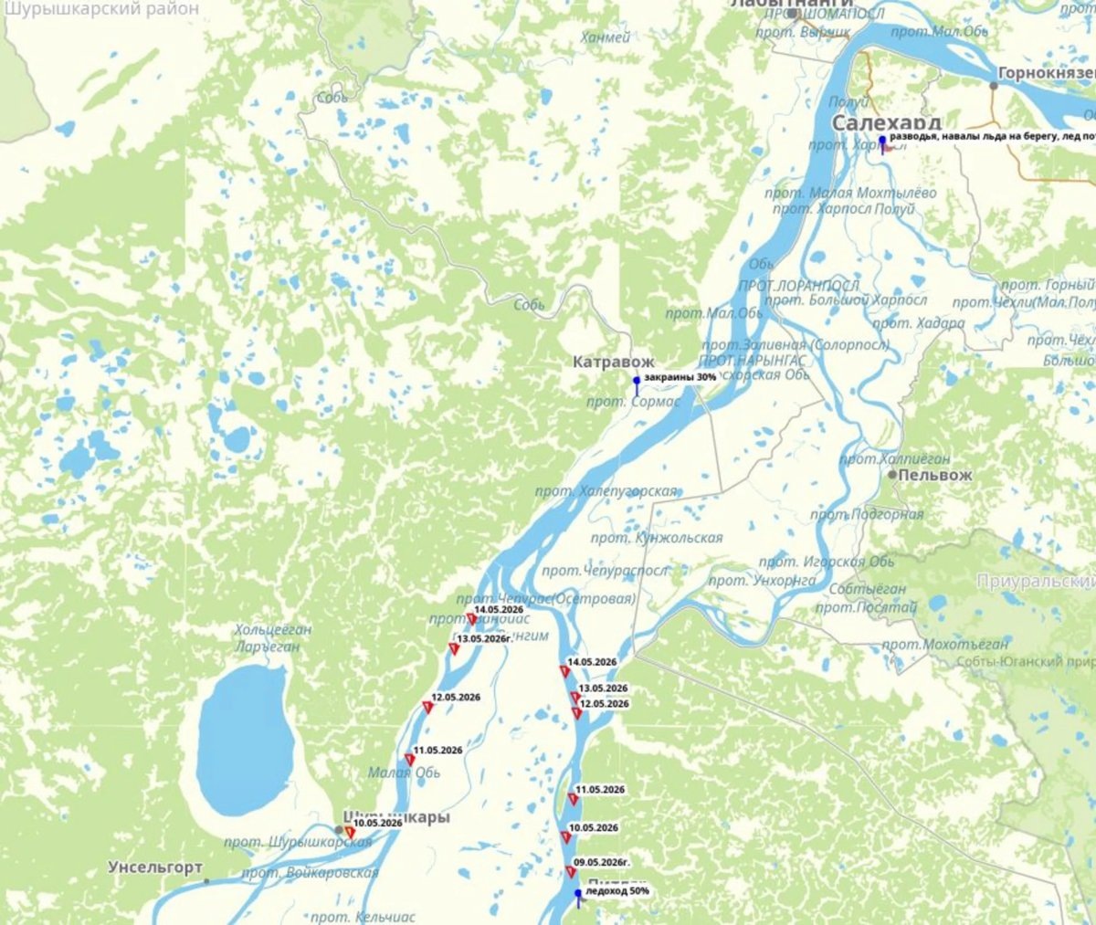    Ледоход по рекам Ямала движется к Салехарду