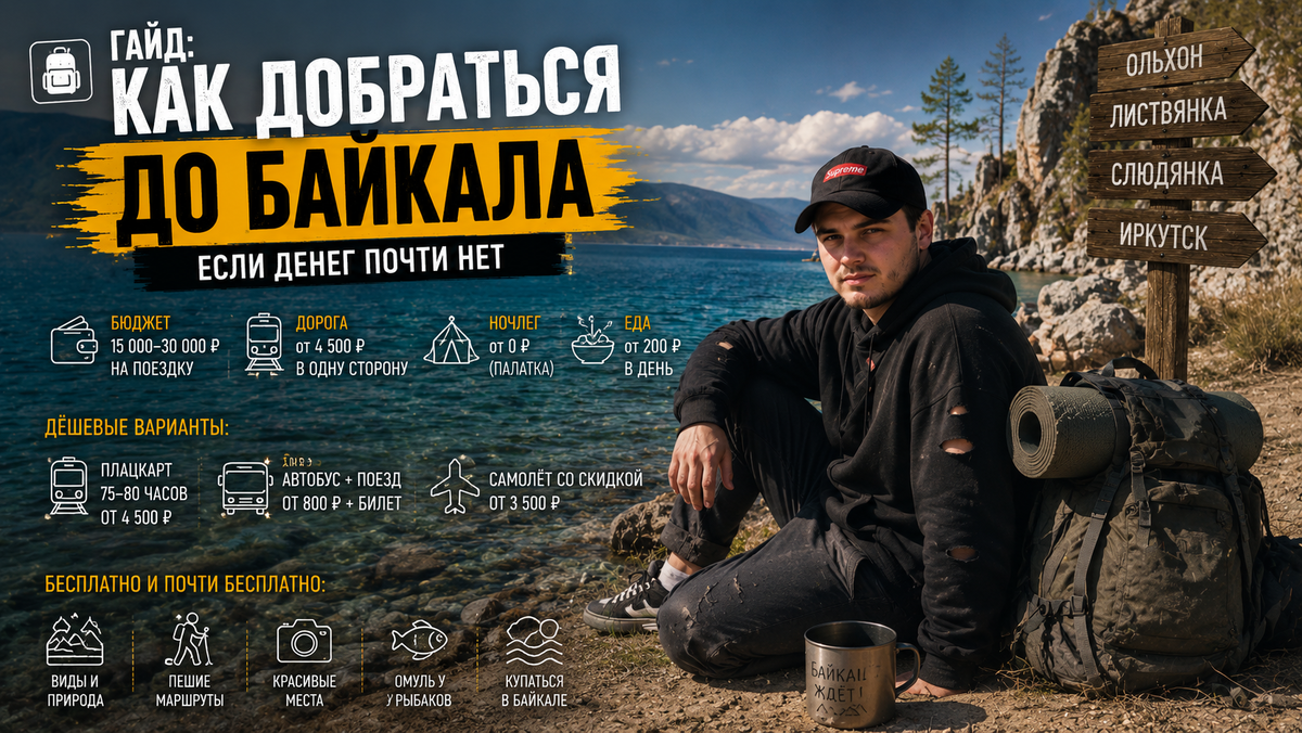 Байкал - это не только для тех, у кого толстый кошелёк. Реальные люди доезжают туда за 15 000–25 000 руб. на всё про всё. Без бизнес-класса, без глэмпингов и без туроператоров. Зато с историями, которые потом рассказывают годами.