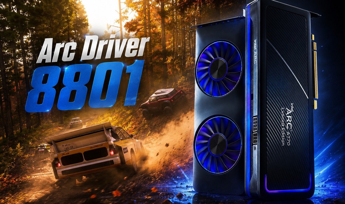    Vertical gaming graphics card with blue-lit cooling fans beside a forest rally scene and bold 'Arc Driver 88001' text