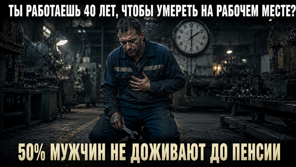 Мужчина в спецовке упал на колени в цеху, держится за сердце, на заднем плане заводские часы.