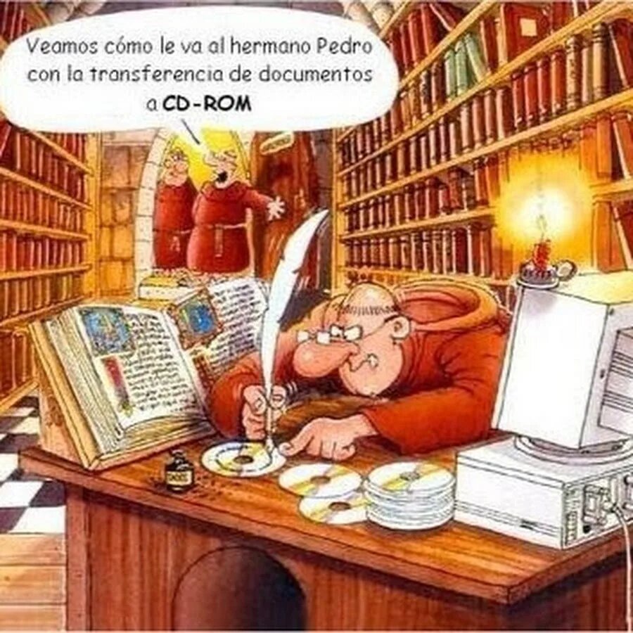 Из открытых источников. Надпись на испанском гласит "Посмотрим, как дела у брата Петра с переносом документов на CD-ROM"