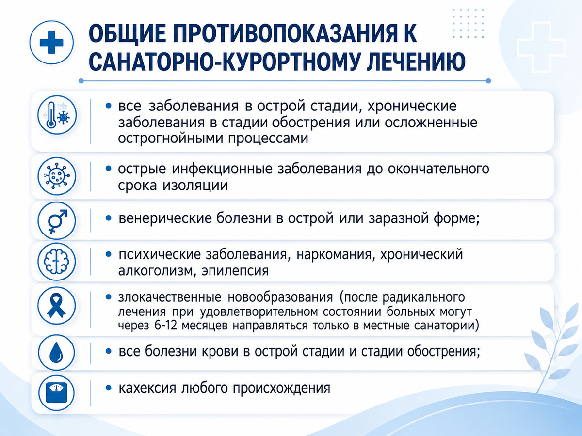 Санаторий — это медицинская помощь, поэтому есть состояния, при которых нужен другой маршрут лечения.