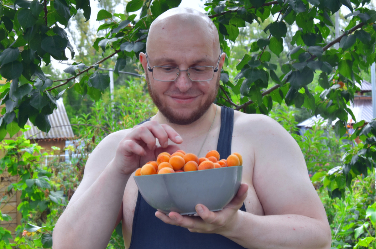 Рома в прошлом году на даче с вкусными абрикосами. В этом году их не будет. Очень жаль.