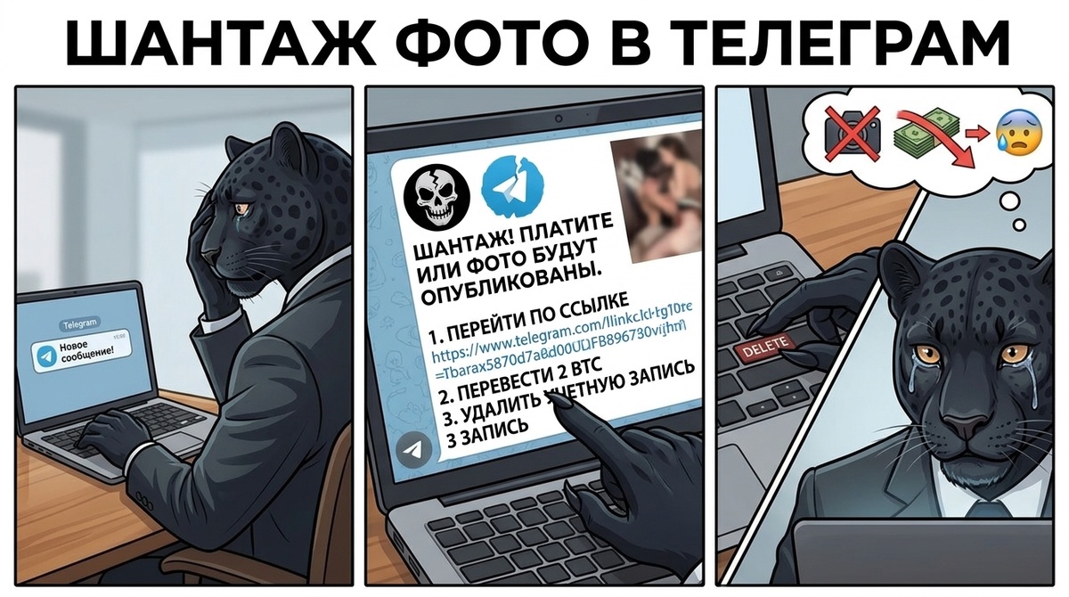 Пантера в задумчивой позе смотрит на экран ноутбука, на котором отображается список шагов и иконка угрозы.