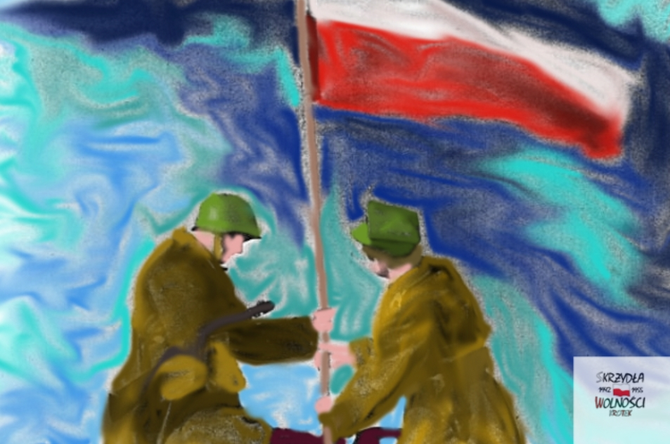 Советский и польский солдаты водружают знамя победы. Дата и место съемки: январь 1945, Варшава. Фото окрашено для обложки