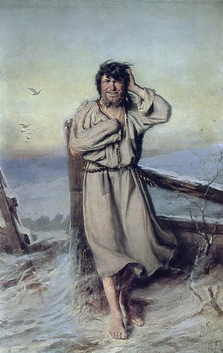 В. Г. Перов «Юродивый», 1875 – 1879 годы. Холст, масло. Размеры: 153 х 103 см. Фото картины взято из открытого источника.