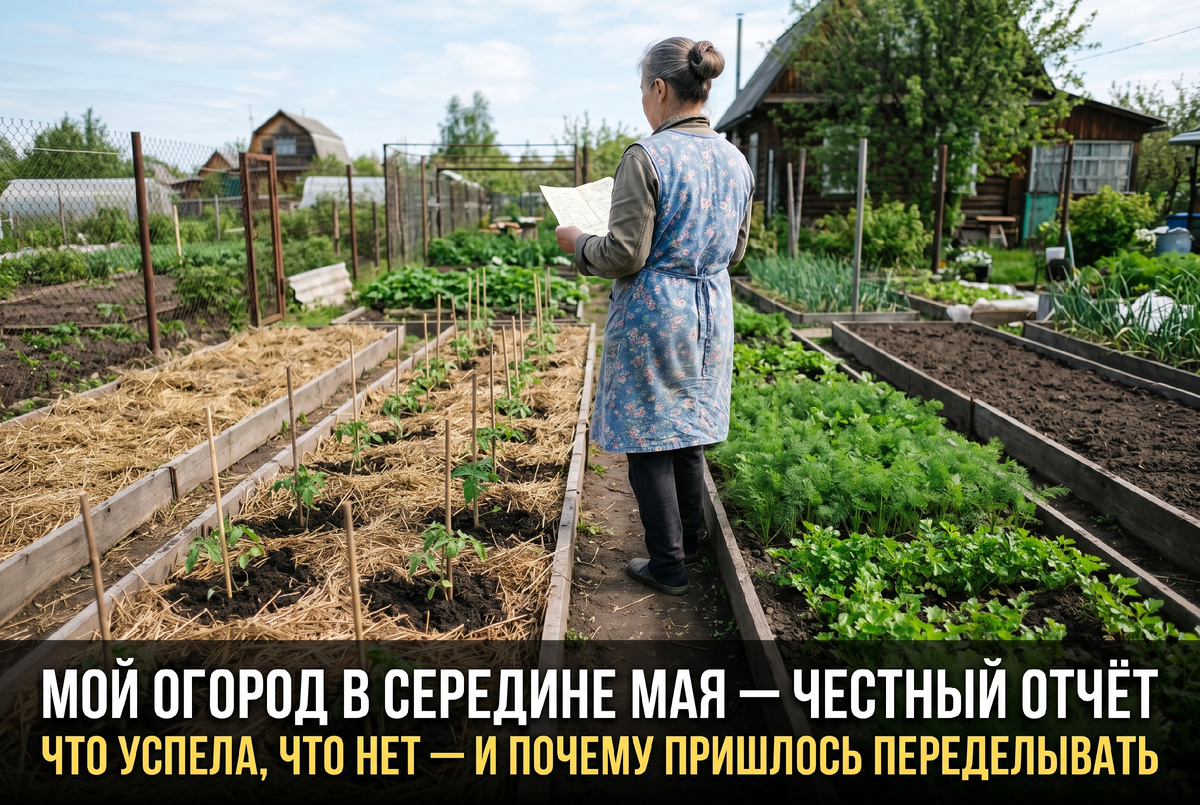 Середина мая, восемь утра. Часть грядок уже работает, часть ещё ждёт. Вот так выглядит настоящий огород в начале сезона, не как картинка из журнала.