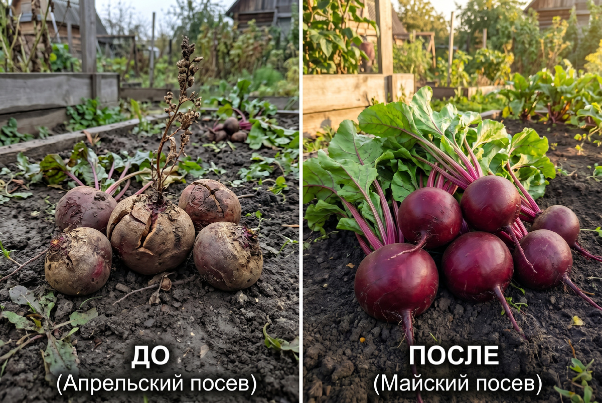 Слева апрельский посев: мелкая, с трещинами, часть ушла в стрелку. Справа майский: крупная, ровная, сочная. Та же грядка, тот же сорт, разница три недели.