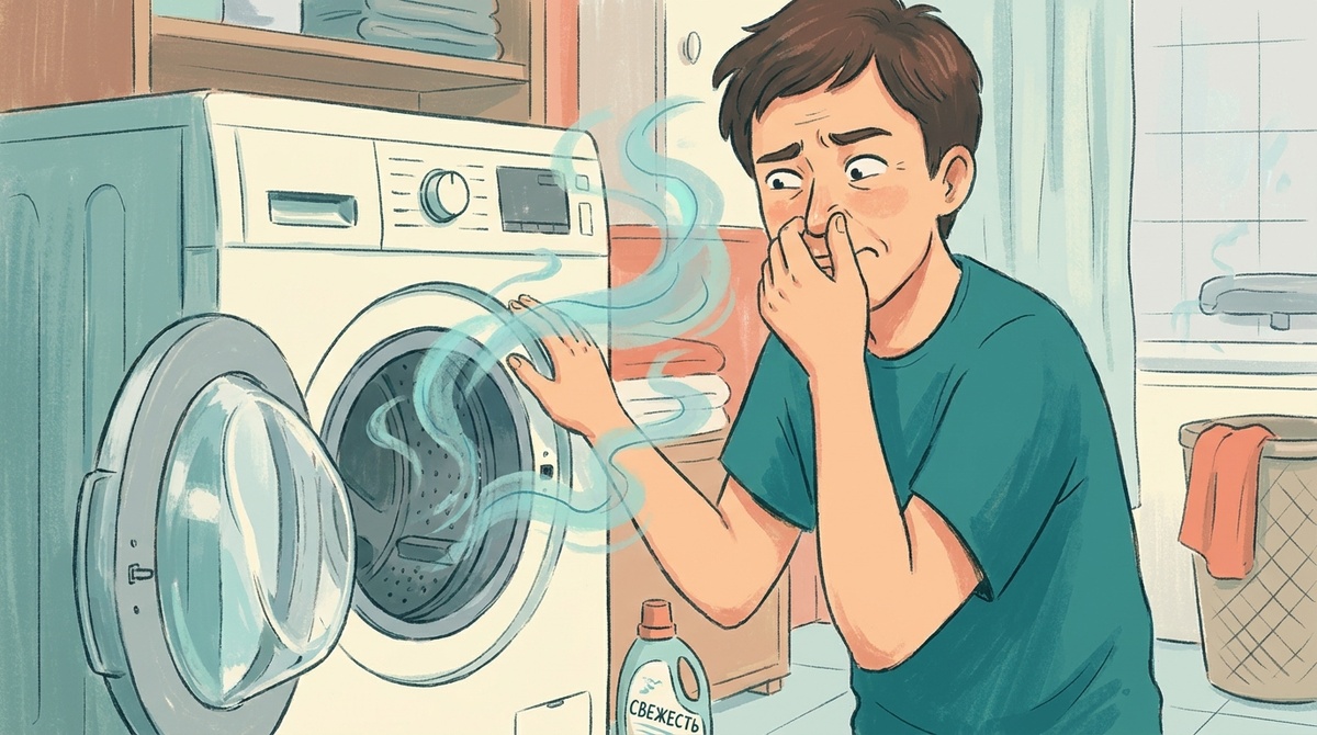 Открытая стиральная машина и человек, который морщится от запаха из барабана - причина часто не в поломке, а в привычках ухода