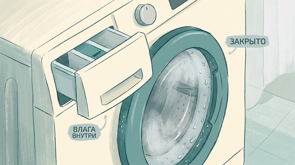 Дверца и лоток стиральной машины плотно закрыты сразу после стирки - внутри остаётся влага и быстро появляется запах