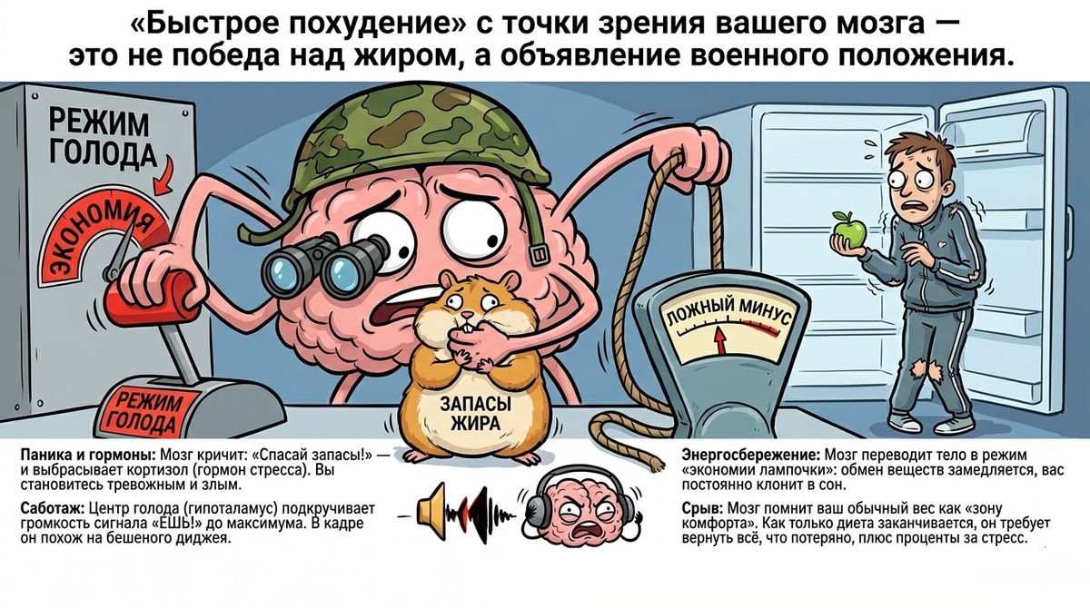 Для нейронов «минус 5 кг за неделю» выглядит так: в страну (организм) пришла засуха и голод. Главный штаб (мозг) не знает, что у вас завтра свадьба. Он думает, что вы попали в зону боевых действий.