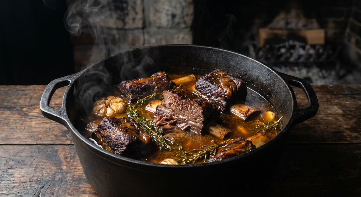 Четыре часа при 150°C — и это всё что нужно. Мясо само отходит от кости. Соус загустел от коллагена из костей. Никаких загустителей, никакого крахмала