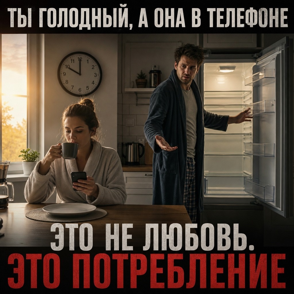 Утро на кухне, женщина в телефоне с кофе, пустая тарелка на столе. Голодный муж у пустого холодильника