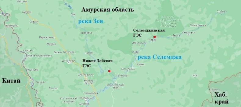 Расположение Нижне-Зейской ГЭС на карте Амурской области