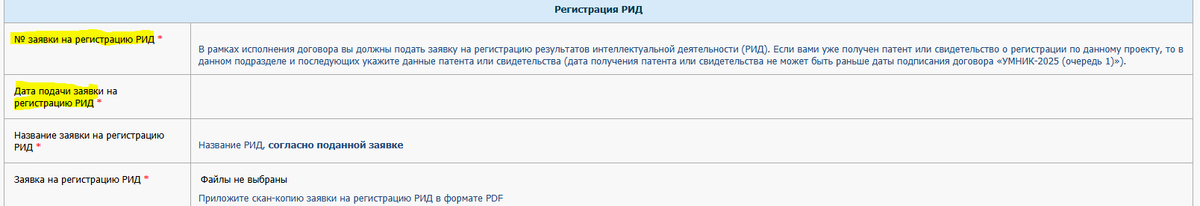 *Раздел РИД в отчетности "УМНИК"