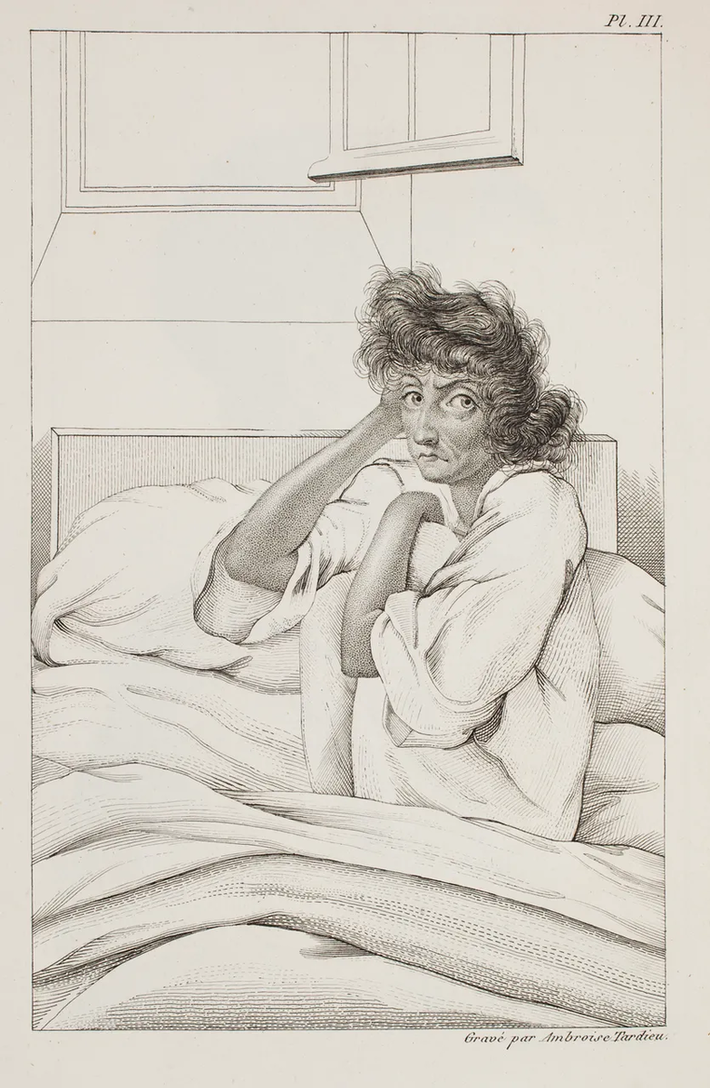 Амвросий Тардье, Депрессия из гравюры книги «Des Maladies mentales considérées sous les rapports médical, hygiénique et médico-légal» (О душевных болезнях, рассматриваемых в медицинских, гигиенических и судебно-медицинских отношениях). 20-30 годы XIX века