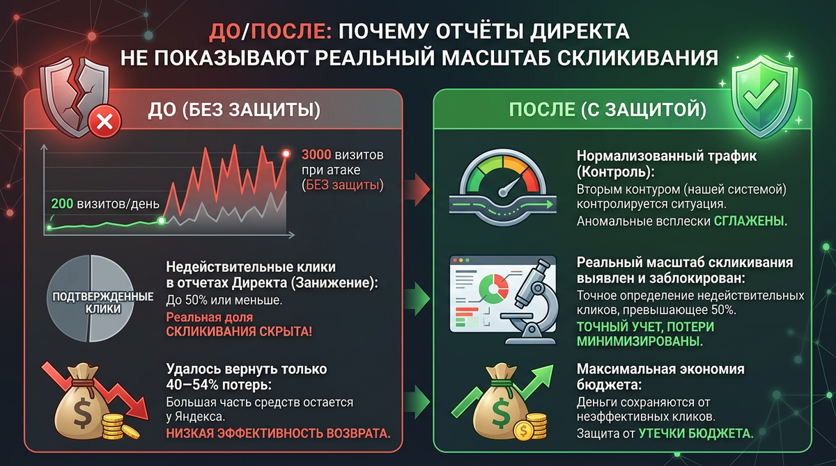Рисунок. Почему отчёты Директа не показывают реальный масштаб скликивания в момент атаки