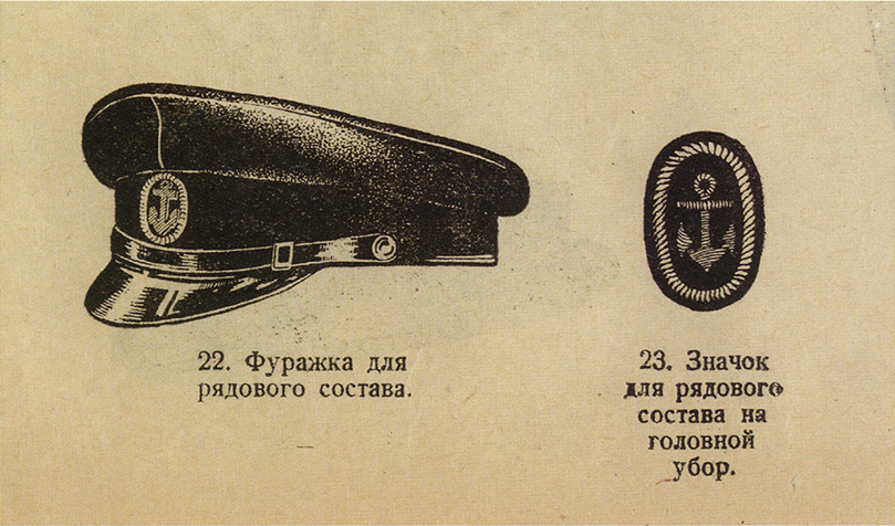 Рисунки фуражки и знака на головной убор рядового состава и младших специалистов вольнонаемного состава плавсредств военных портов и гидрографических отделов ВМФ из приложения к приказу НКВМФ СССР от 4 февраля 1940 г. № 70 (Типографское издание).