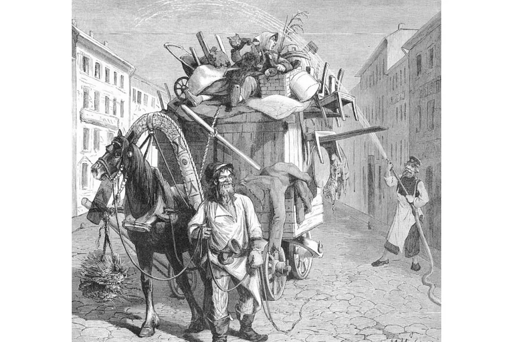 Рисунок из журнала «Всемирная иллюстрация» середины 1870‑х годов (его автор — Николай Негодаев) запечатлел весенний переезд на дачу. / Из коллекции РНБ

