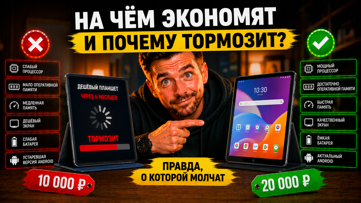Бюджетные планшеты: на чём производители экономят и почему устройство начинает работать медленно со временем. Наглядно показаны ключевые факторы, влияющие на производительность и стабильность работы.