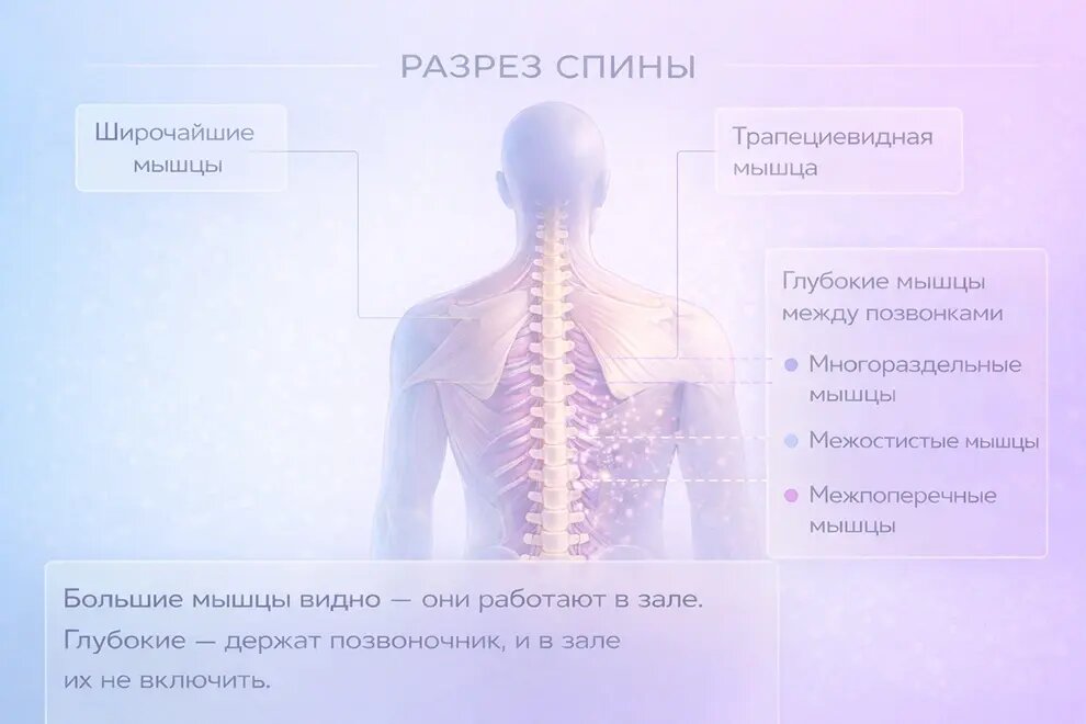 Большие мышцы видно — они работают в зале. Глубокие — держат позвоночник, и в зале их не включить