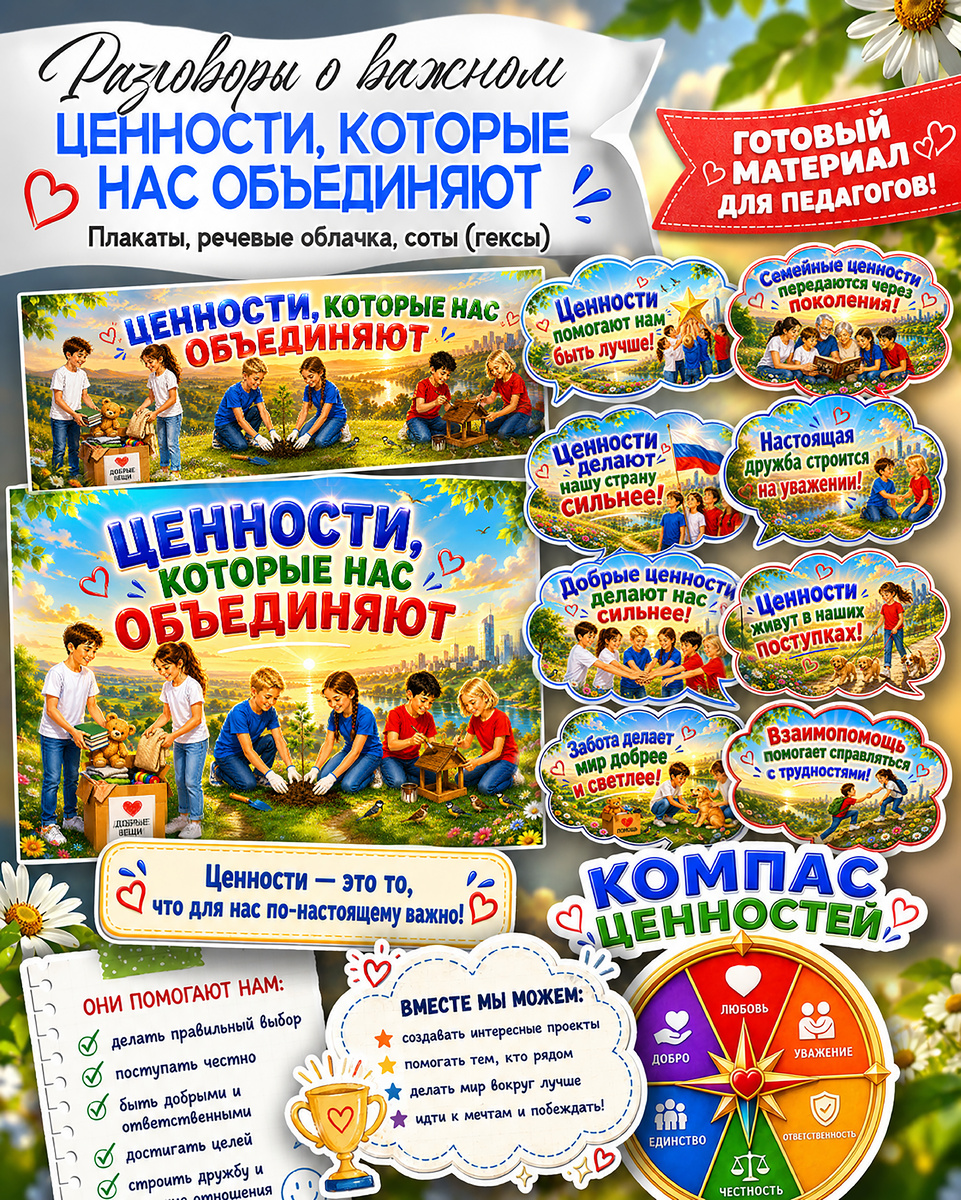 Плакаты, речевые облачка, информационные листы и оформление на 18 мая «Ценности, которые нас объединяют»
