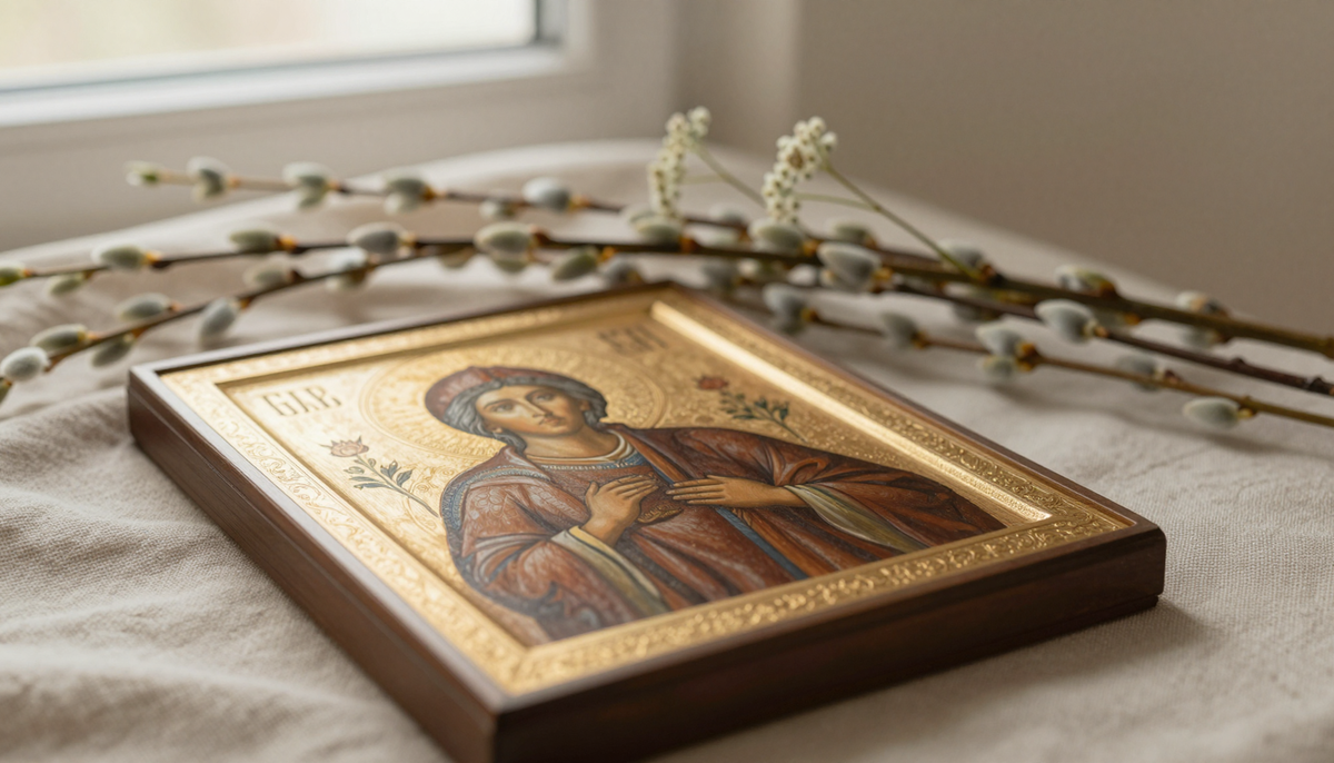 Подарок крёстной, подарок женщине, именины, юбилей - православная икона, веточки вербы, нежные полевые цветы на льняной ткани.