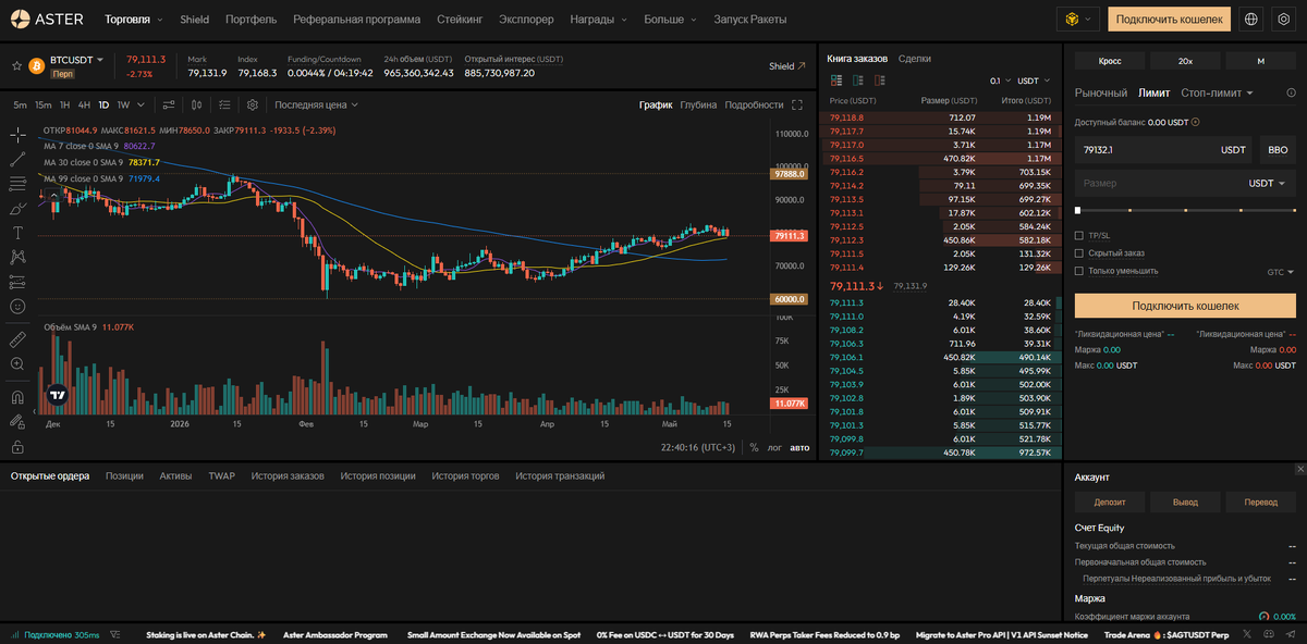Интерфейс Aster DEX