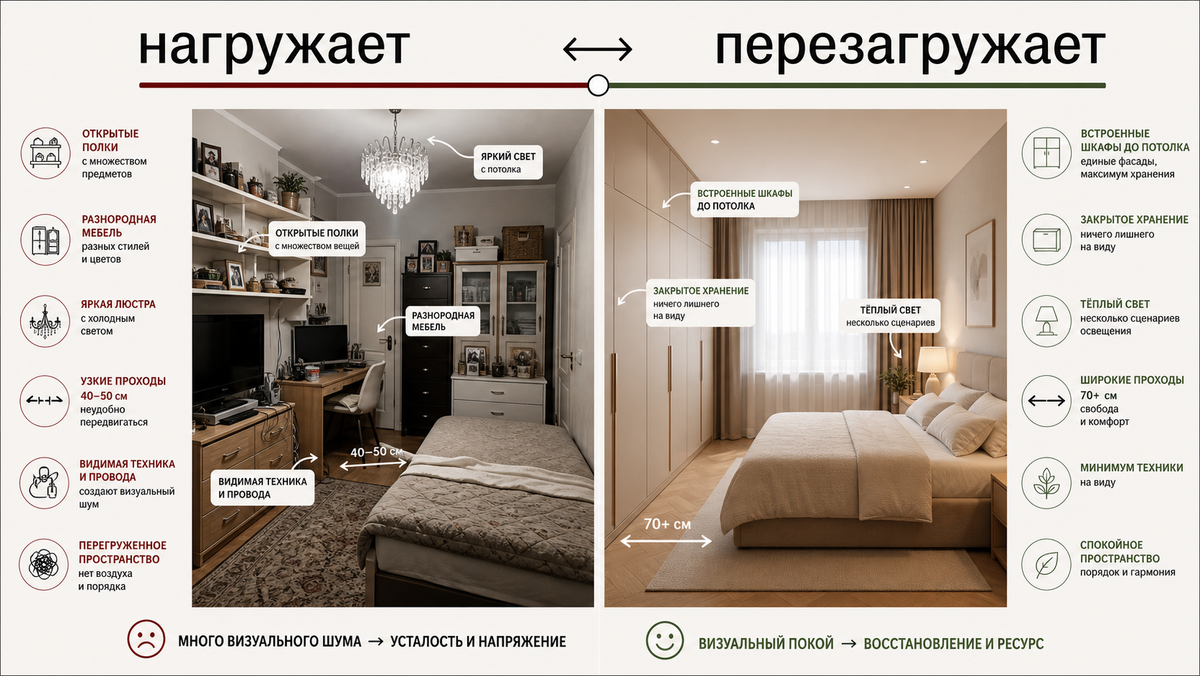 Инфографика: чем спальня нагружает (открытые полки, разноцветная мебель, яркая люстра) и как та же площадь становится зоной восстановления (закрытые фасады, тёплый свет, широкие проходы). Разница — не в метраже, а в системе