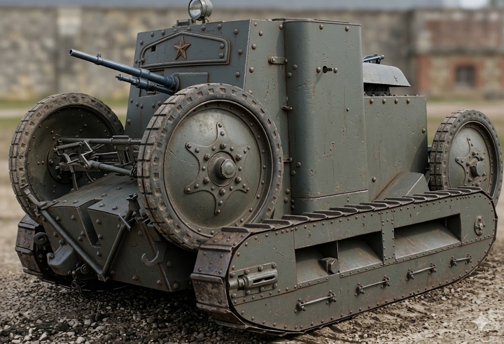 Боевая колёсно-гусеничная машина Saint-Chamond M1921 собственной персоной. Изображение раскрашено при помощи нейросети.