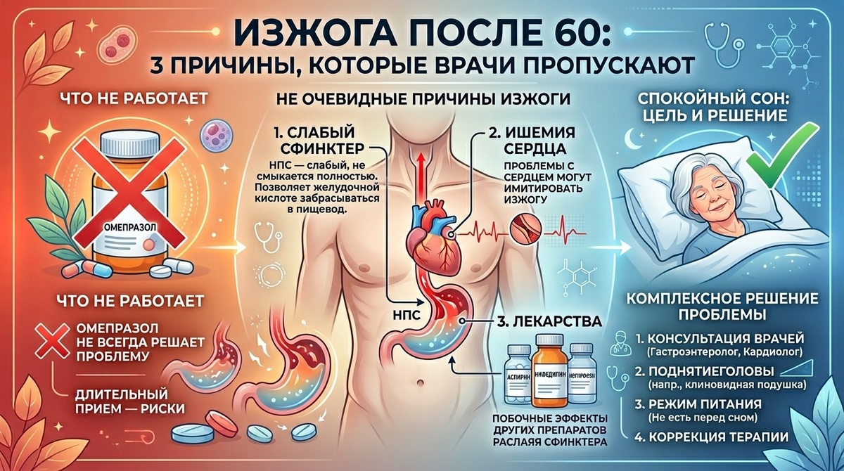Люди после 60 редко принимают только один препарат. Чаще это 4, 6, иногда 10 наименований ежедневно. И многие из них раздражают слизистую пищевода или ослабляют тот самый сфинктер.