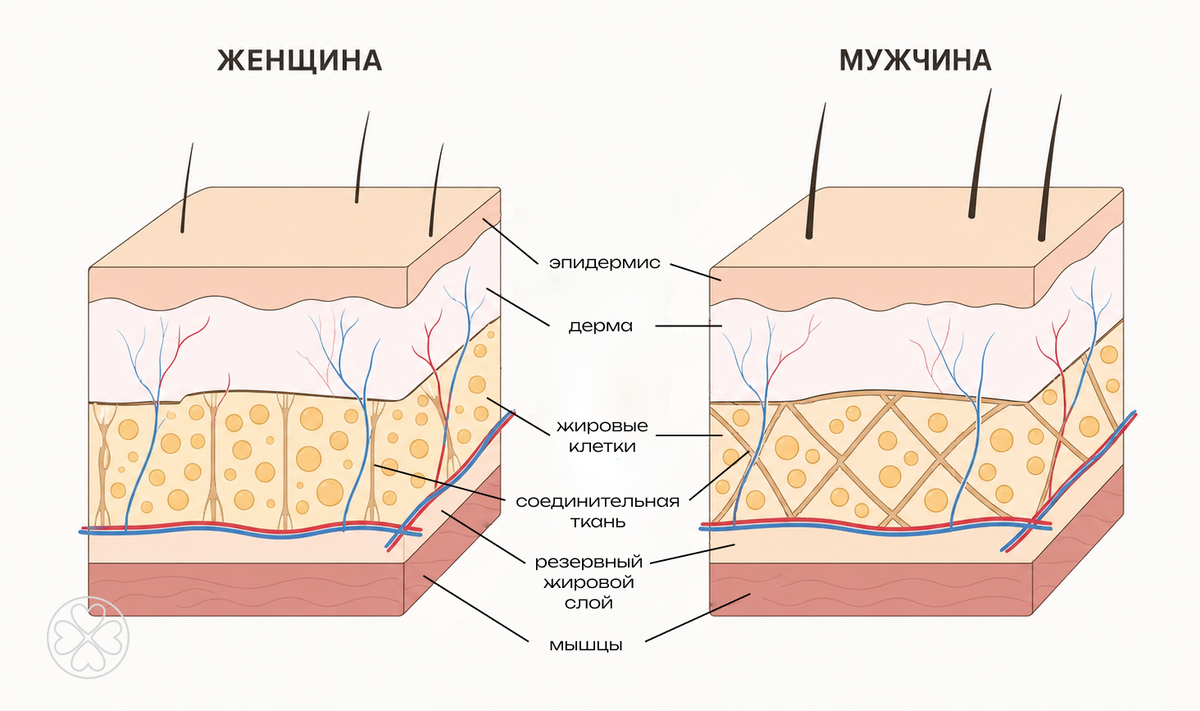 Сравнение структуры кожи и проявления целлюлита у мужчин и женщин