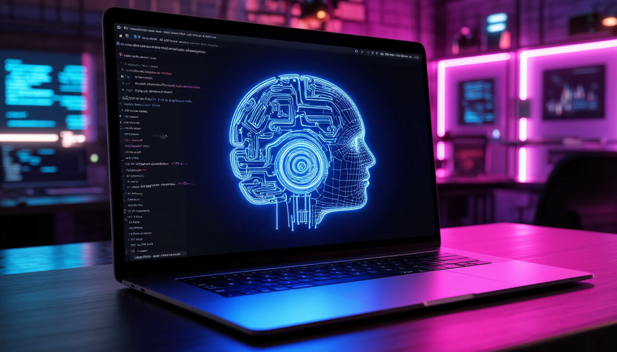 Светящийся логотип нейросети плавно интегрируется в интерфейс текстового редактора на экране